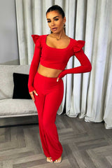 christmas outfit red long sleeve crop top and trousers set