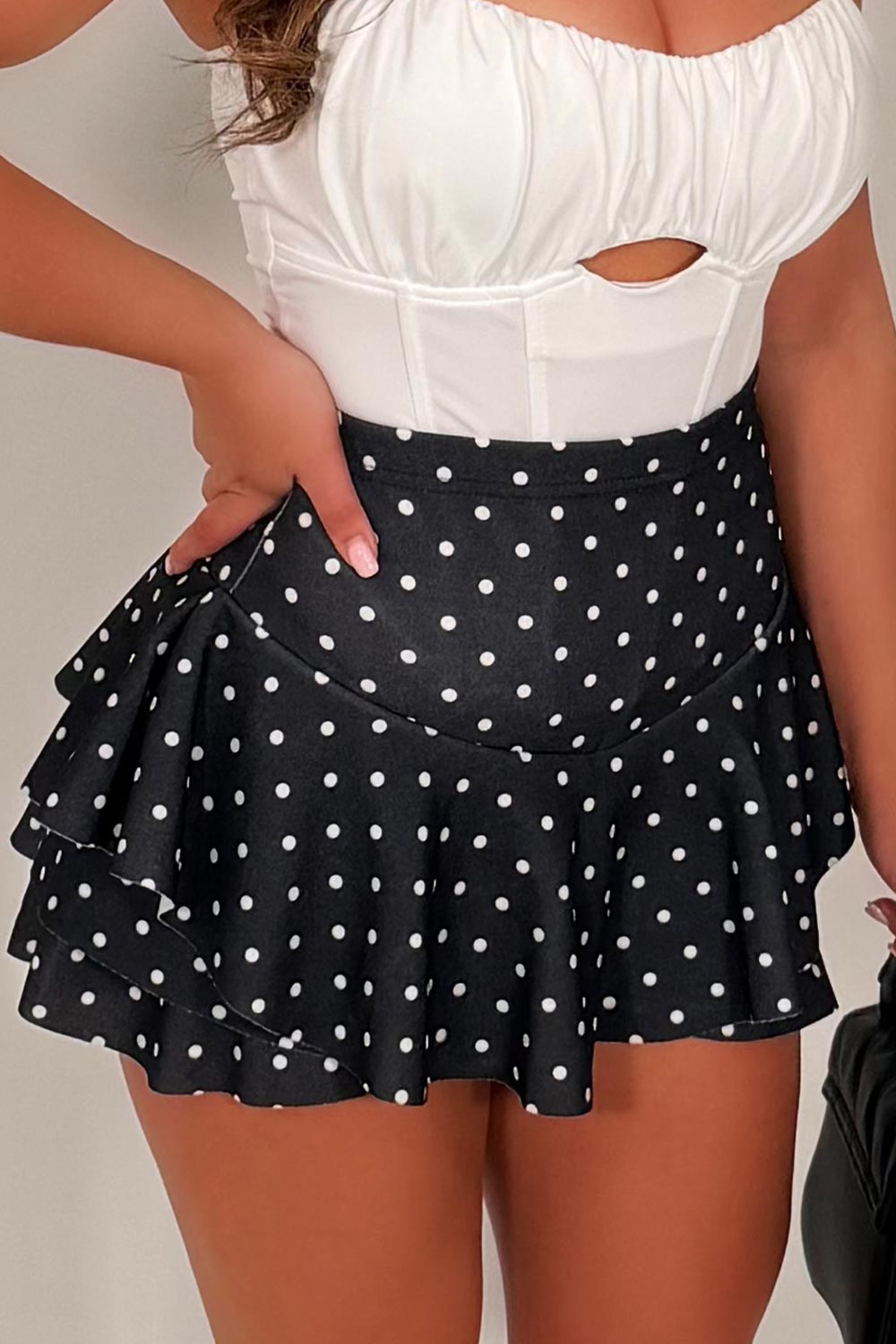 polka dot skirt ruffle frill hem going out outfit