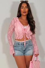 ruffle frilly long sleeve lace top pink