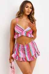 womens frill hem printed shorts and crop top co ord set holiday outfit