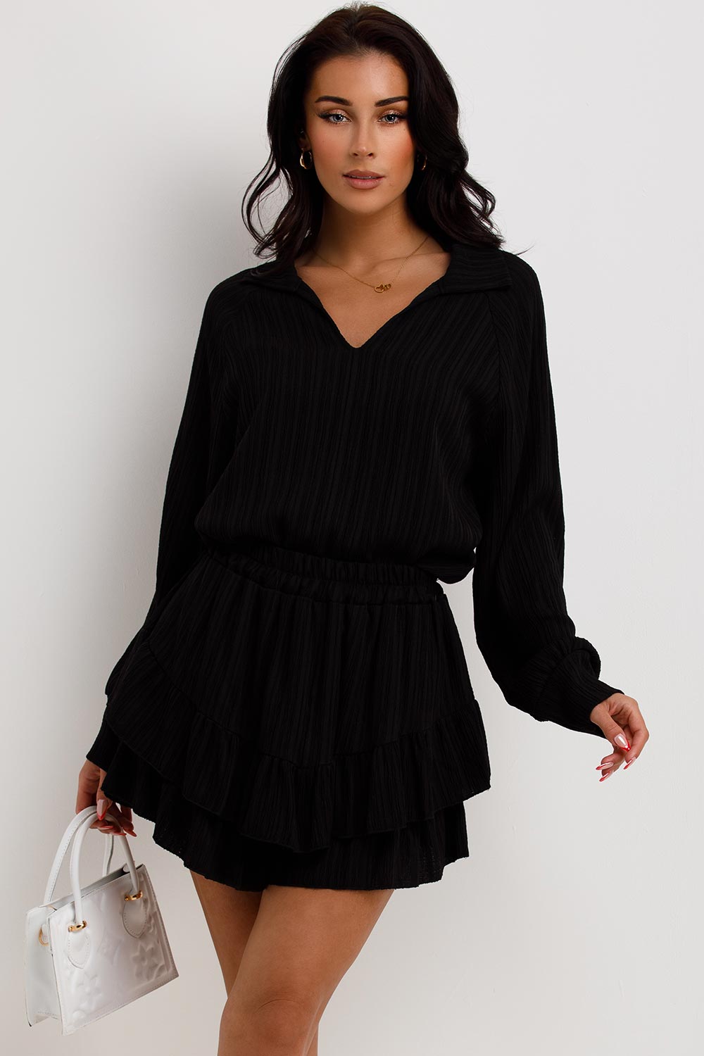 womens black shirt and shorts two piece set summer holiday outfit