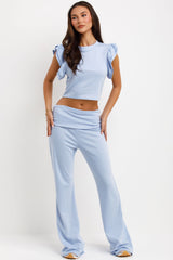 ruffle frill sleeve top and skinny flare trouaers with fold detail two piece set
