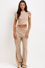 fold flare trousers and frill ruffle sleeve top two piece co ord set