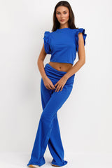 ruffle frill sleeve top and skinny flare trouaers with fold detail two piece set royal blue