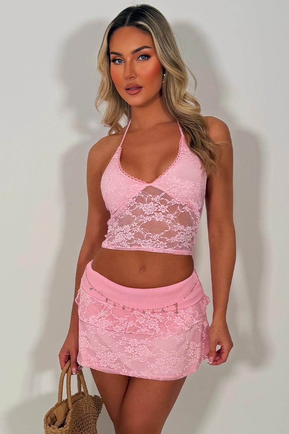 plunge halter lace top and festival skort with ruffle frill detail two piece co ord set in pink styledup uk