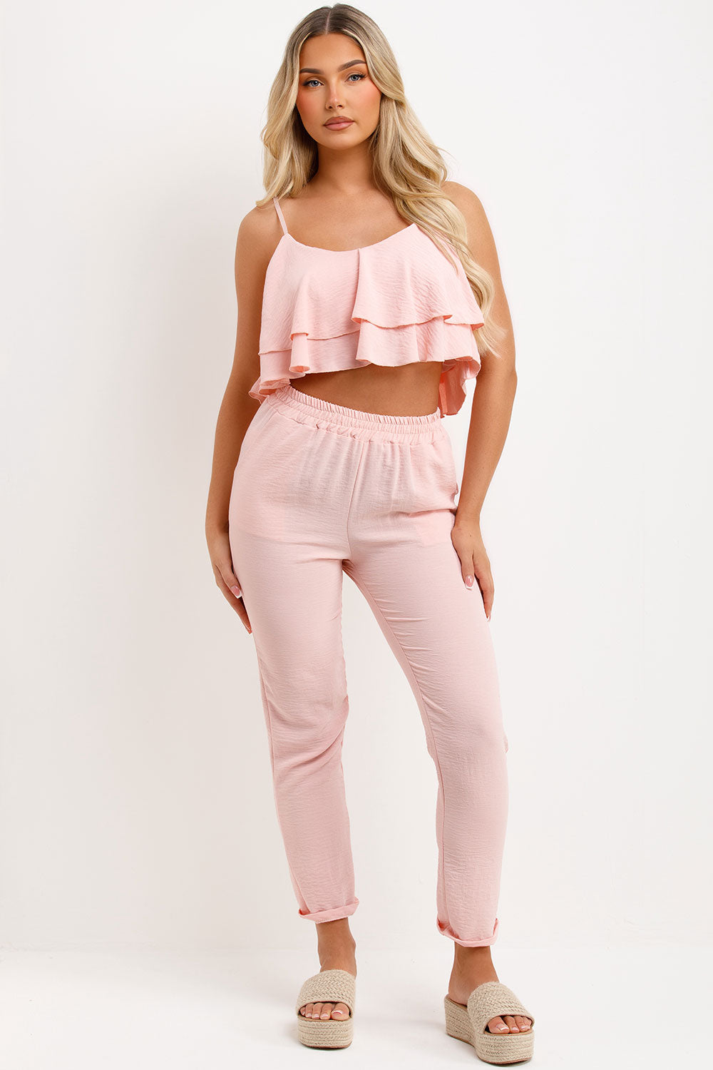 ruffle frilly top and trouser co ord set summer holiday outfit