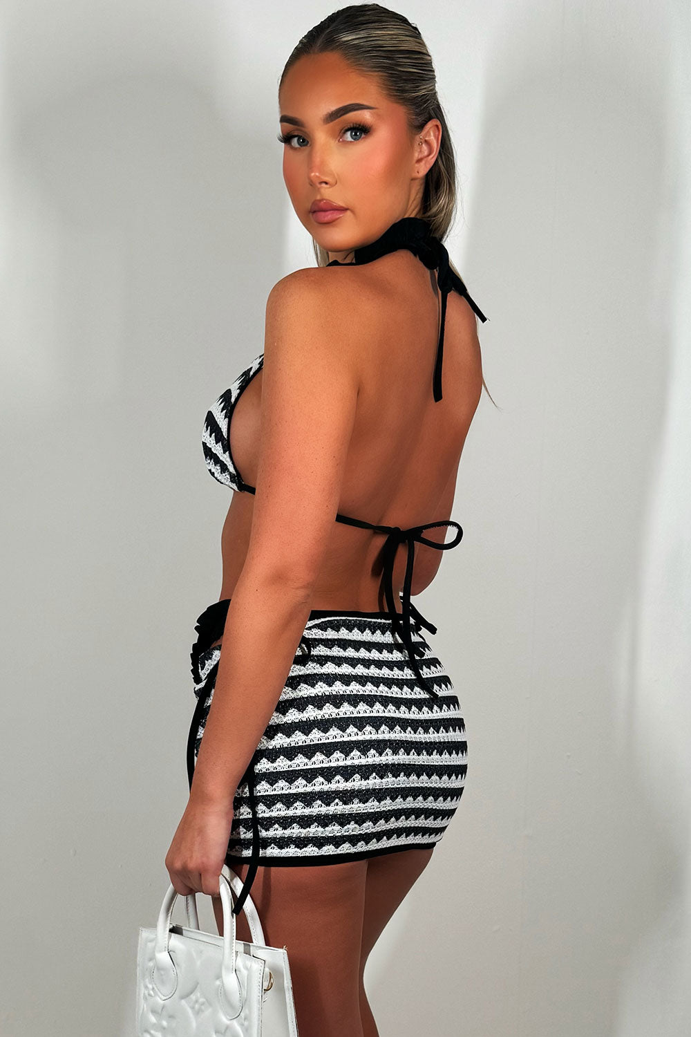 three piece low rise mini skirt and bikini co ord set black and white summer holiday outfit