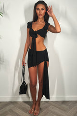 ruffle ruched shoulder bikini top and mini drape skirt two piece set summer holiday festival outfit