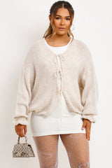 tie front chunky knit cardigan beige