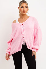 tie front chunky knit cardigan pink