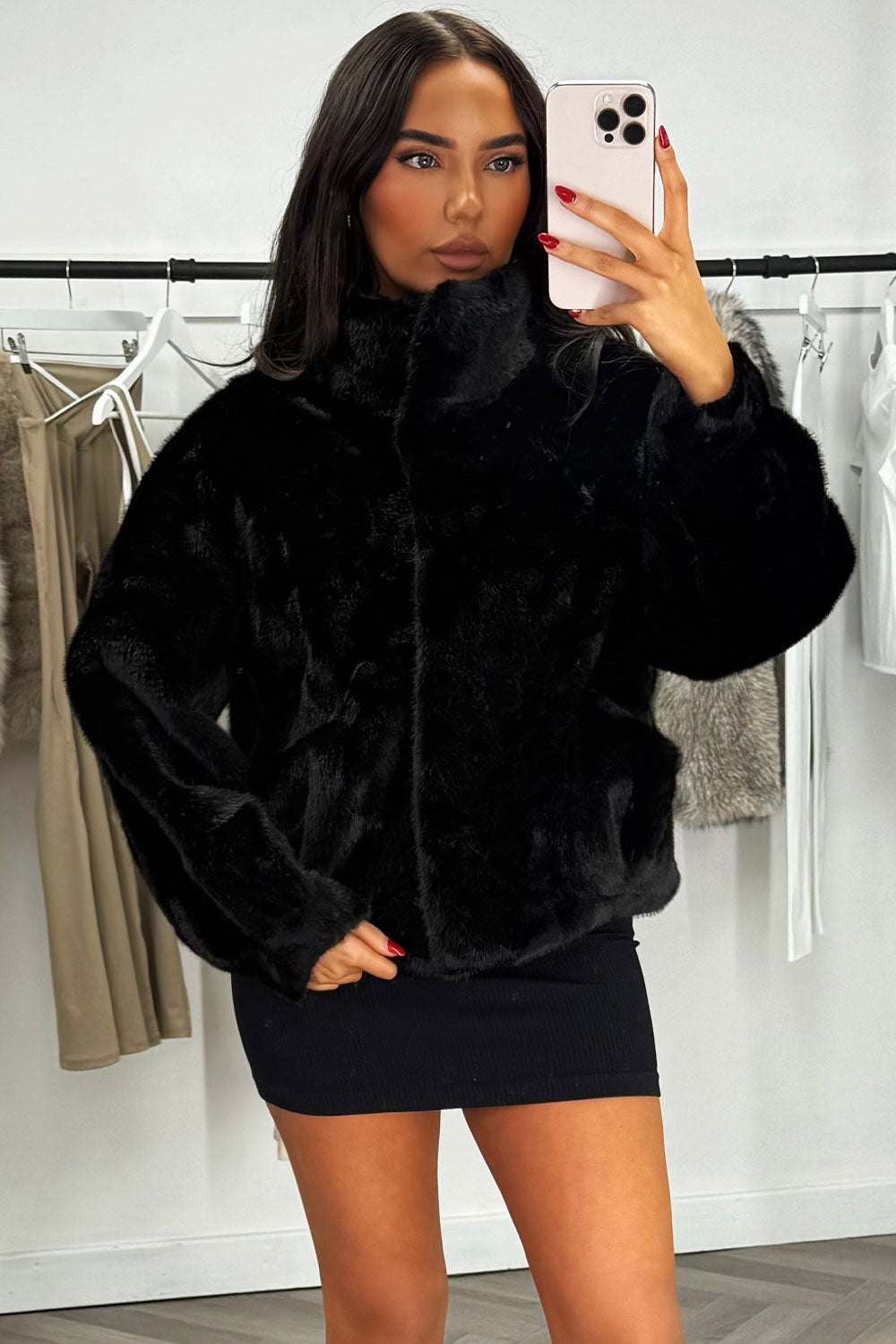 womens fur jacket long sleeves and funnel neck styledup