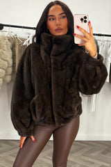 womens fur jacket long sleeves and funnel neck styledup