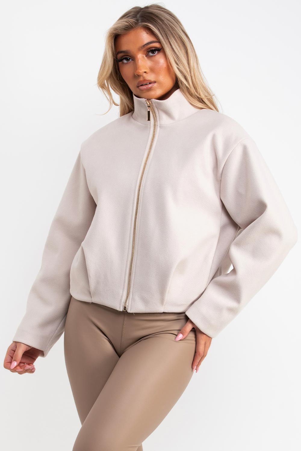 beige bomber jacket with funnel neck zara uk womens 