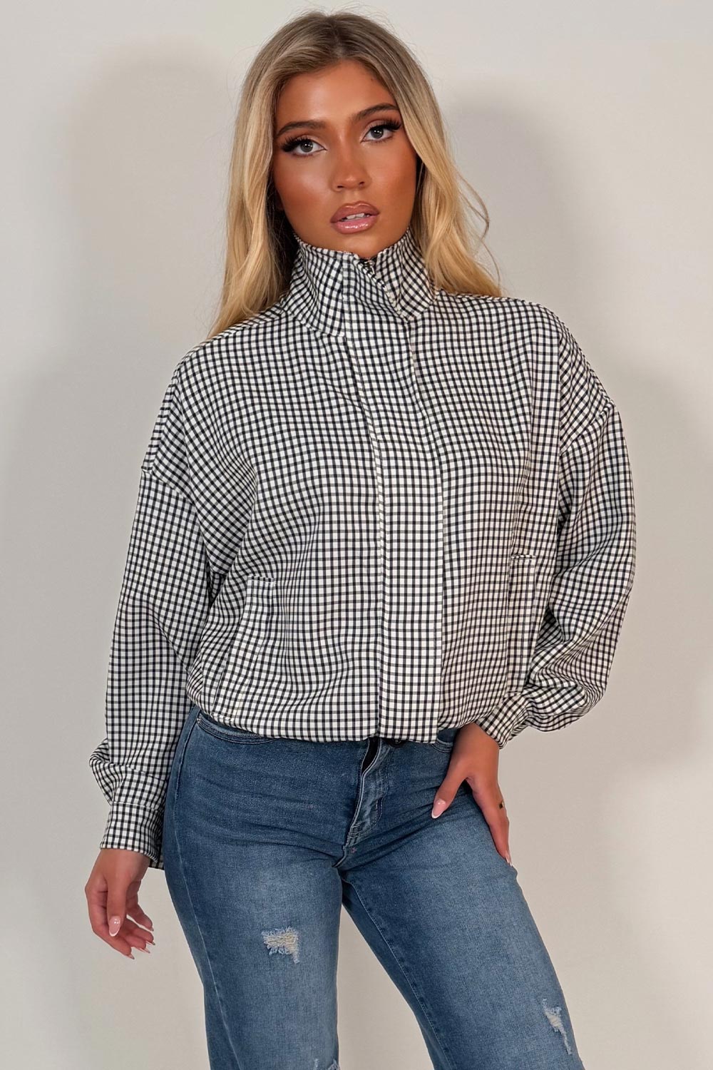 womens checked jacket with long sleeves drawstring hem styledup uk