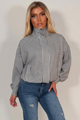 womens checked jacket with long sleeves drawstring hem styledup uk