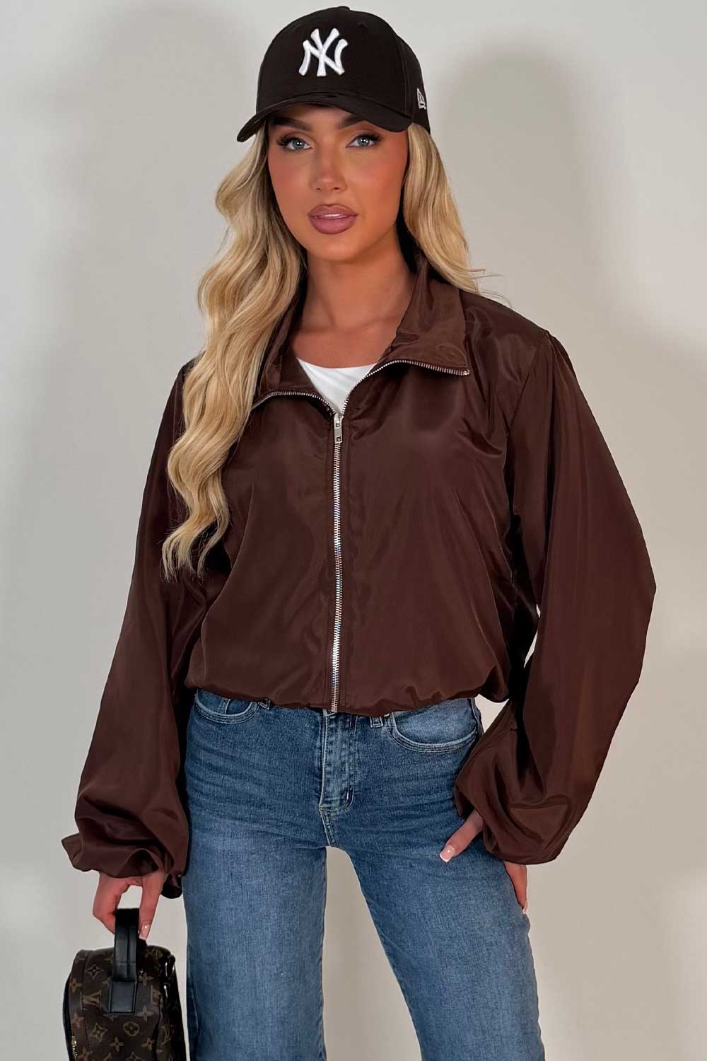 womens brown funnel neck summer jacket festival windbreaker styledup