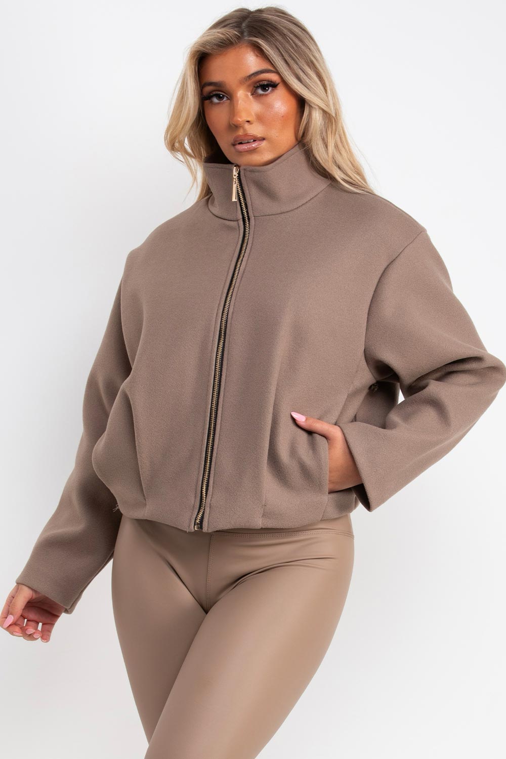 soft bomber jacket with high collar funnel neck styledup uk