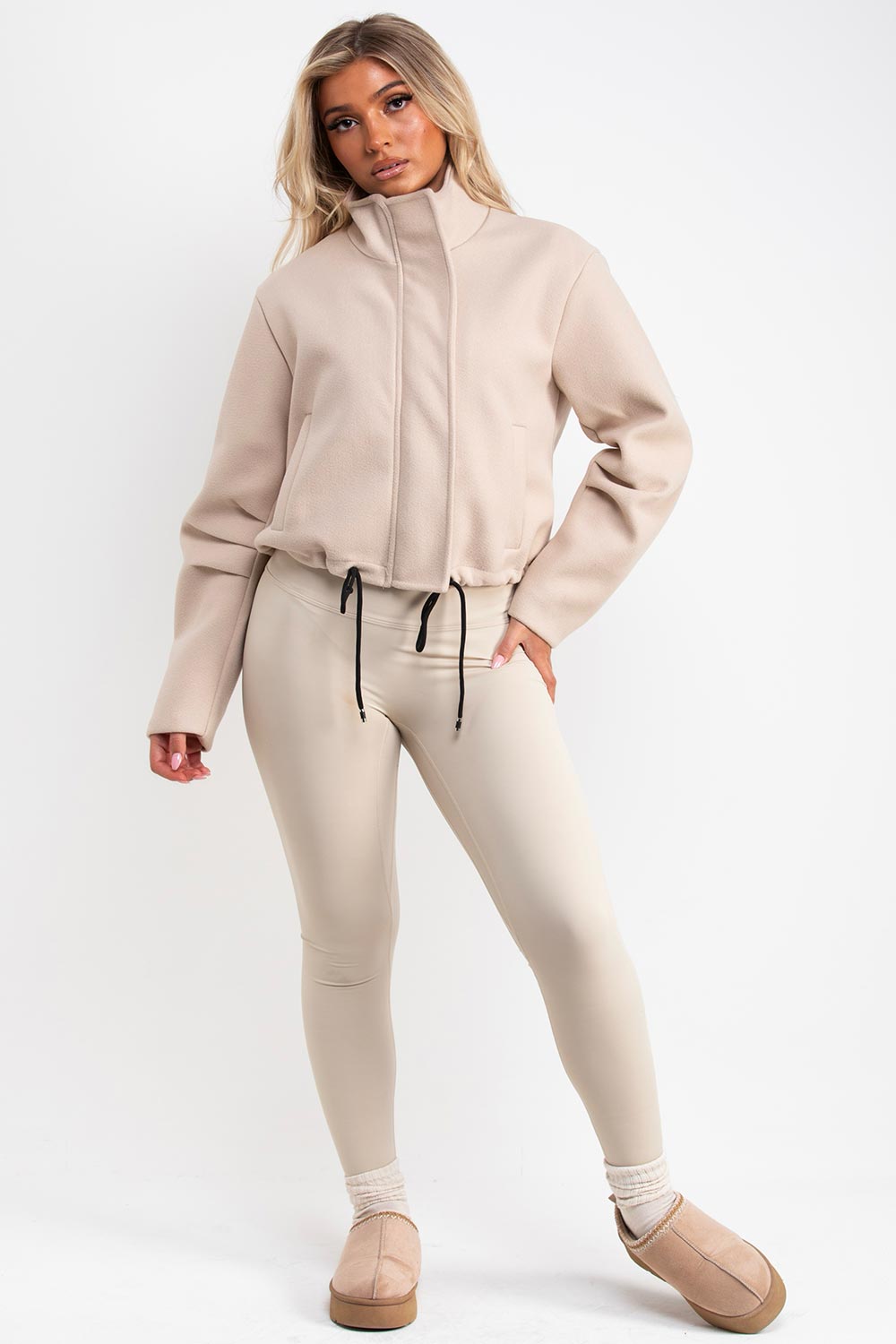 womens high neck long sleeve soft bomber jacket beige styledup uk