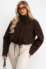 womens high neck long sleeve soft bomber jacket brown styledup uk