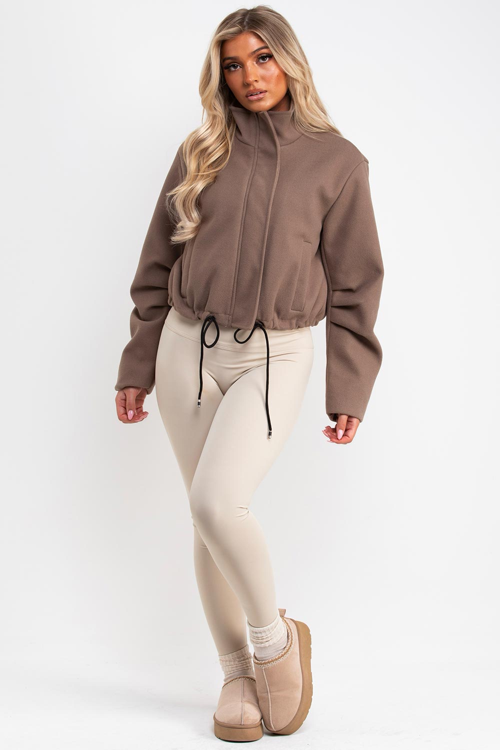 taupe funnel neck jacket with drawstrinh hem styledup uk