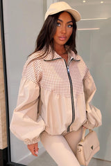 beige contrast check print long balloon sleeve jacket windbreaker styledup uk