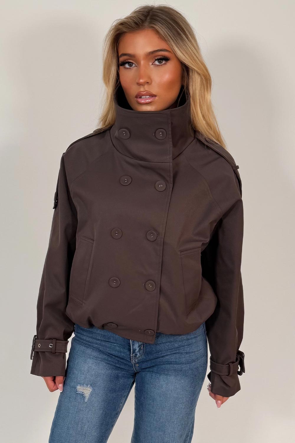 brown trench jacket funnel neck styledup uk