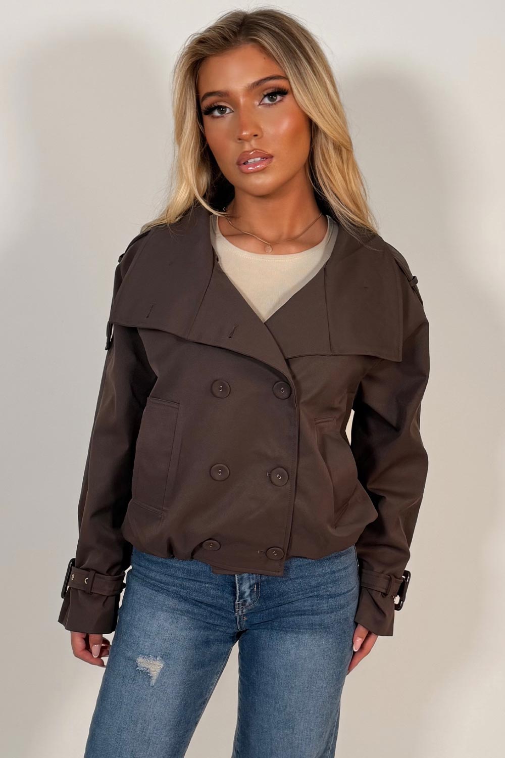 cropped brown trench jacket styledup uk