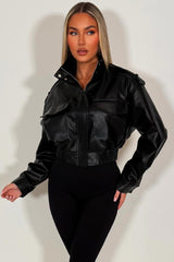 zara womens faux leather jacket with front pockets elasticated hem and shoulder tabs styledup sale 