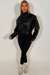 womens faux leather jacket with front pockets elasticated hem and shoulder tabs styledup 