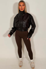 womens brown faux leather jacket zara uk sale 
