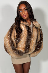 womens funnel neck bambi deer print fur jacket for winter styledup uk sale