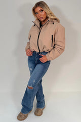womens beige hooded padded rain jacket for festival raves everyday use styledup 