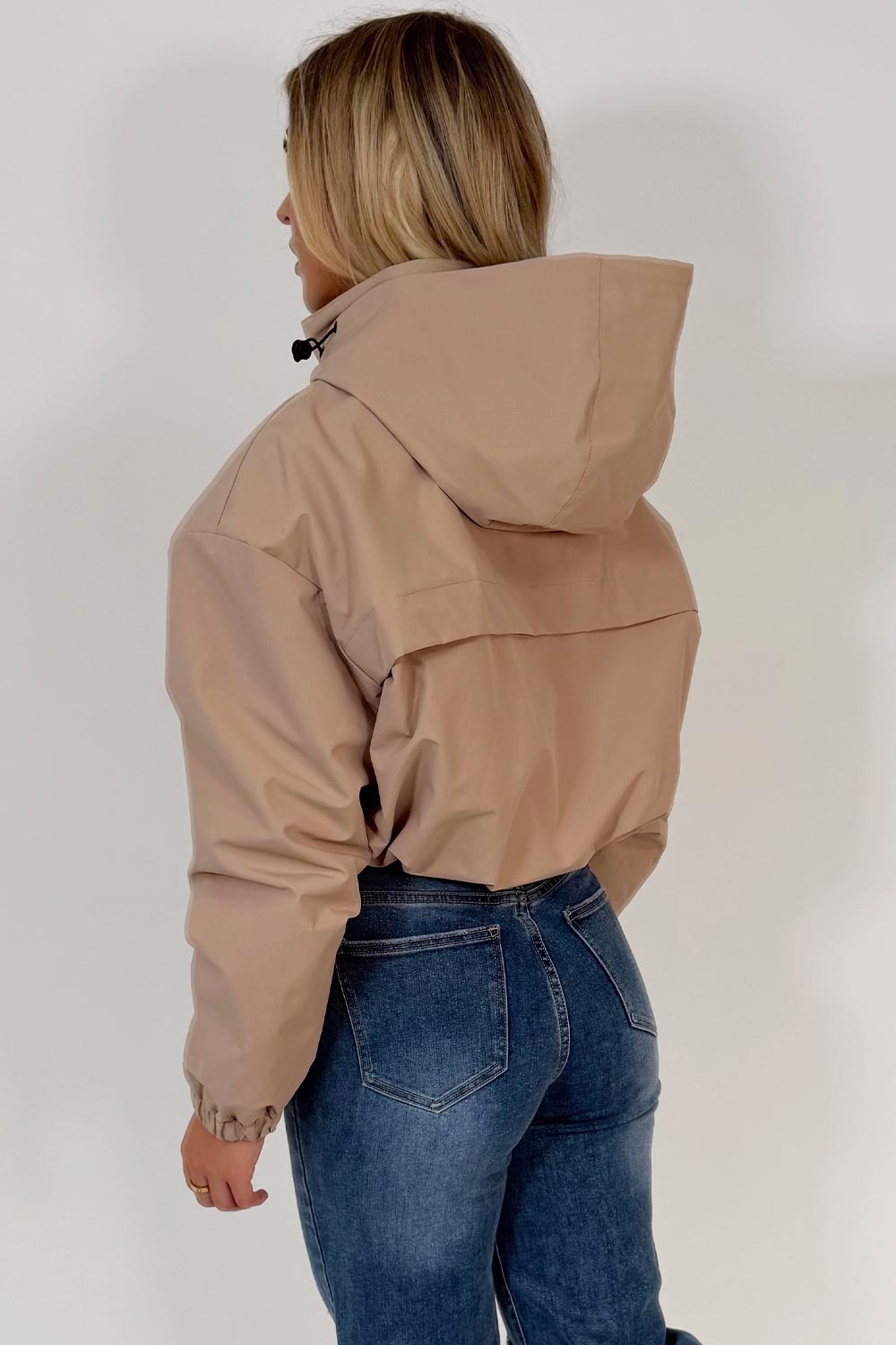 womens beige hooded padded jacket weather resistant waterproof windproof 