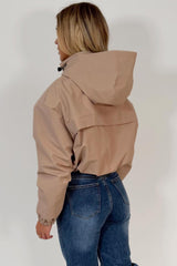 womens beige hooded padded jacket weather resistant waterproof windproof 