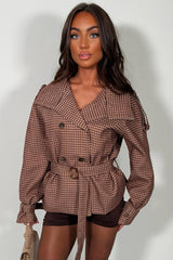 gingham brown check funnel neck trench jacket cropped womens winter outerwear styledup uk