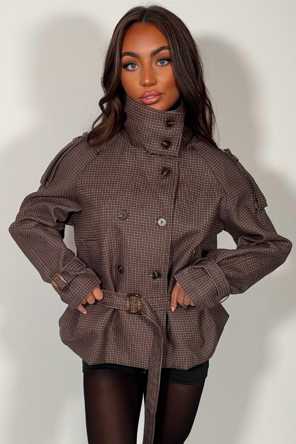 womens belted cropped jacket with funnel neck styledup uk