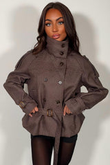 womens belted cropped jacket with funnel neck styledup uk