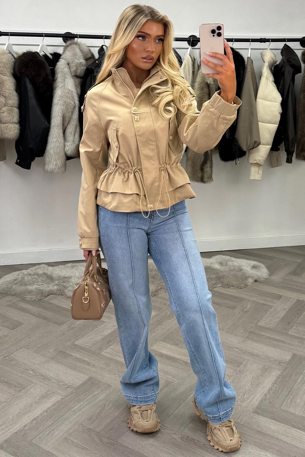 womens beige funnel neck jacket with drawstring waist styledup uk