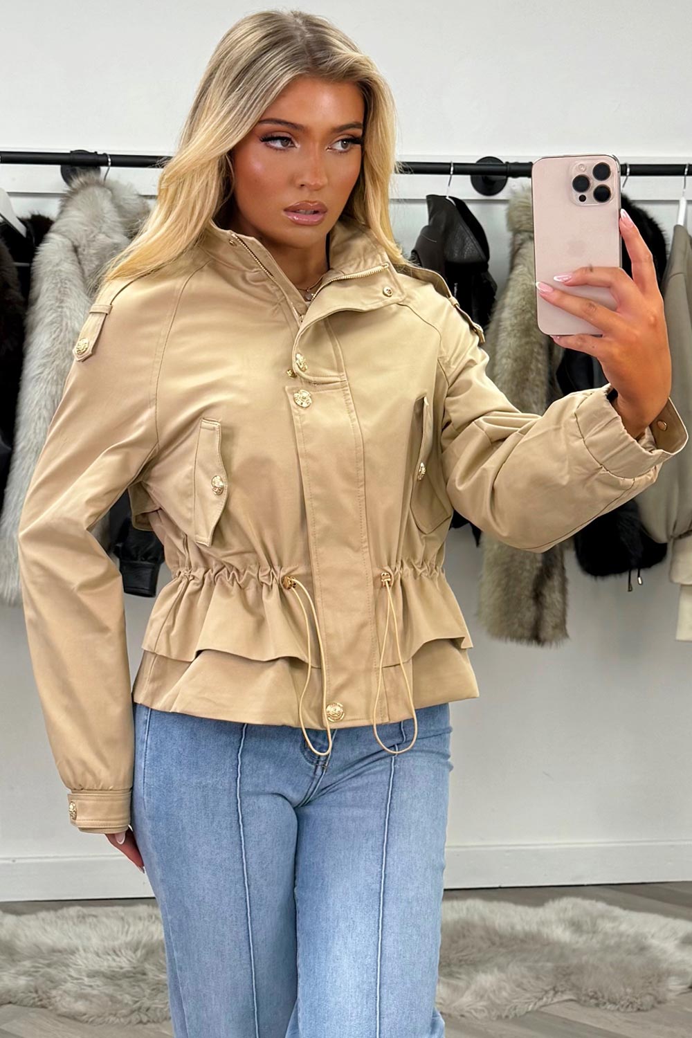 womens beige drawstring waist funnel neck jacket styledup uk