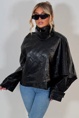 womens black faux leather jacket with scarf detail styledup uk