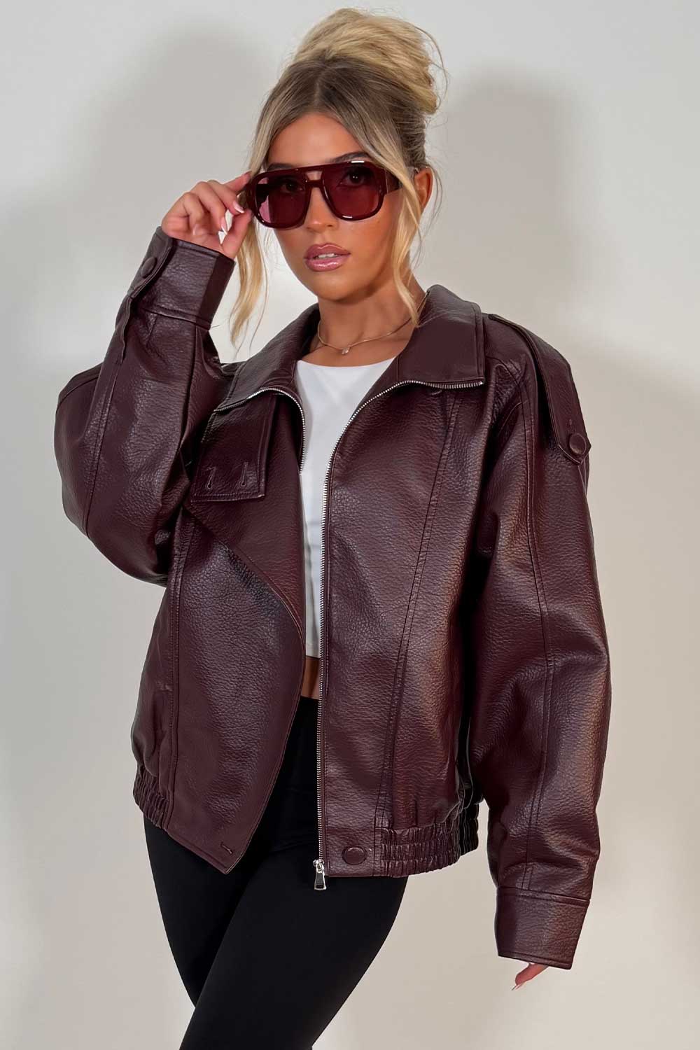 womens stand up collar leather look jacket zara uk