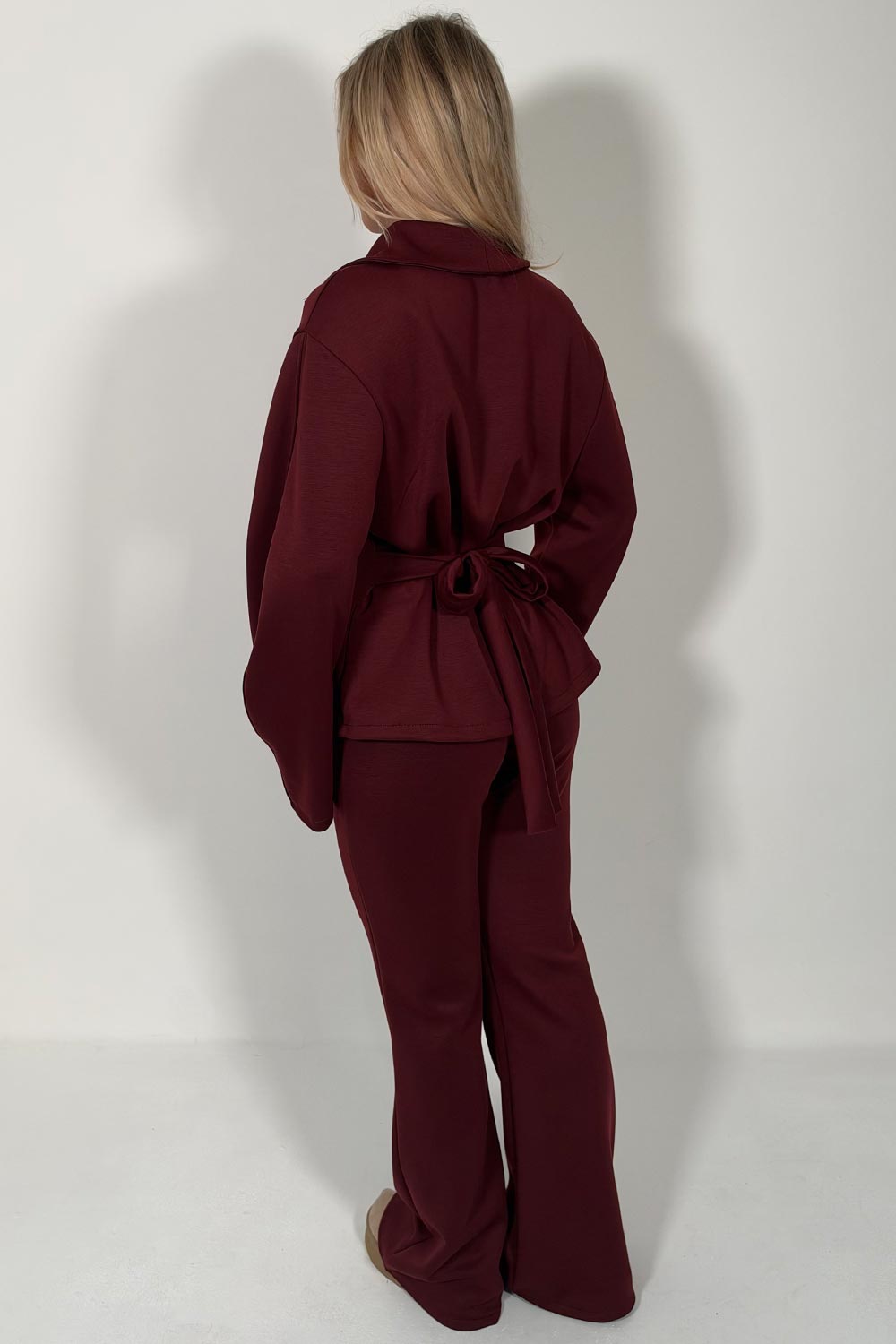 womens tie back long sleeve zip up top and wide leg trouser two piece loungewear set styledup uk