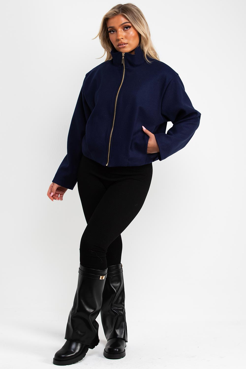 navy bomber jacket with funnel neck zara uk womens 