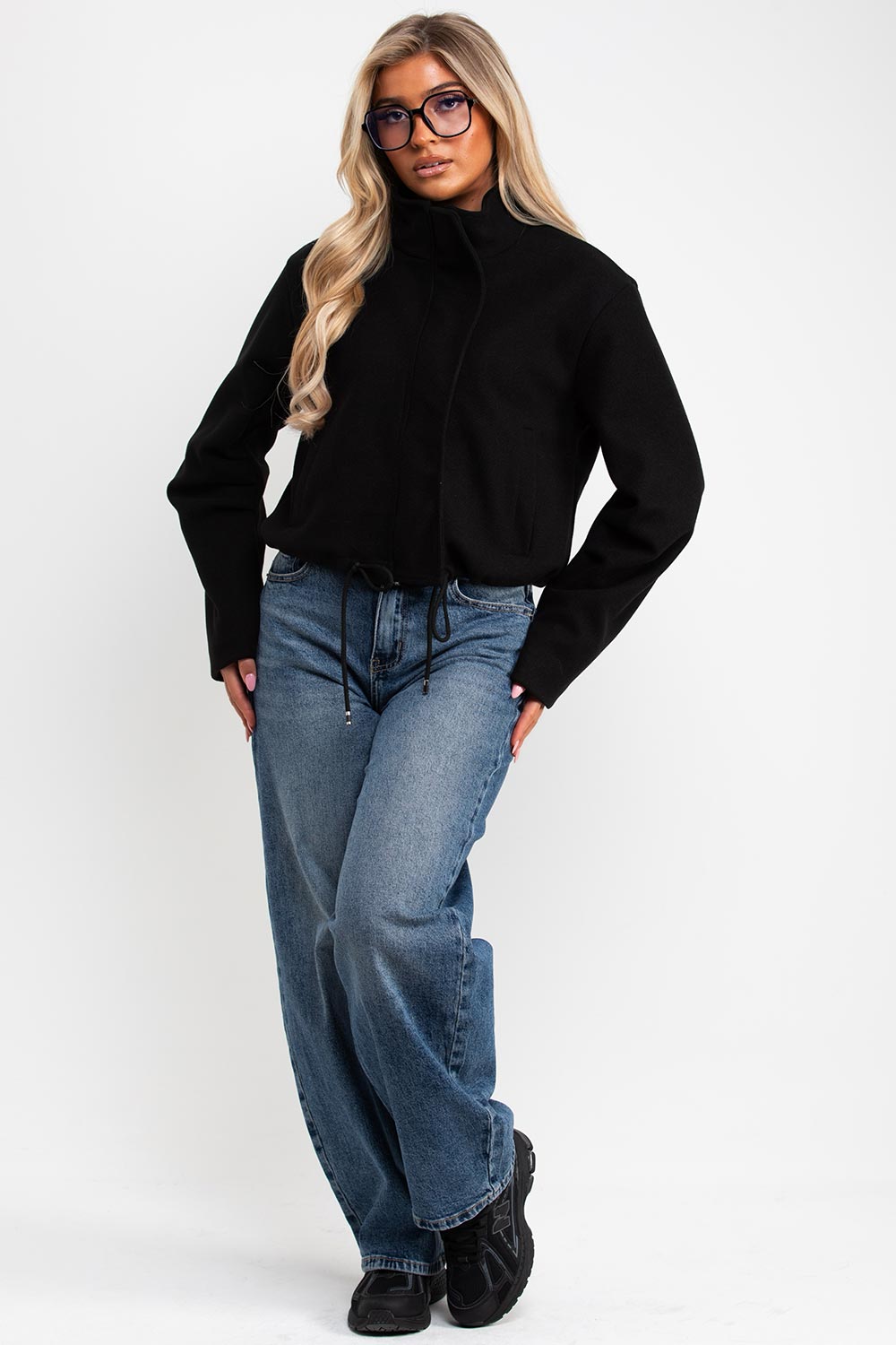 womens black funnel neck jacket with drawstring hem long sleeves zara uk everyday jacket styledup uk
