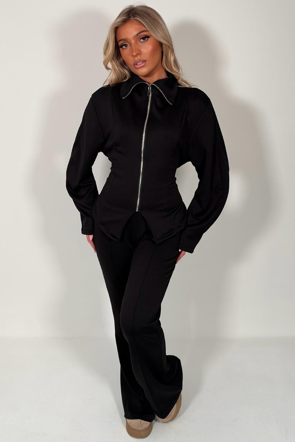 womens tie back long sleeve zip up top and wide leg trouser two piece loungewear set styledup uk