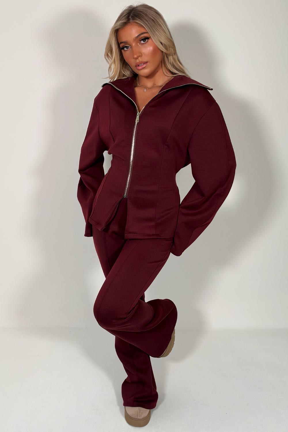 womens burgundy lounge set with tie back cinched waist styledup uk