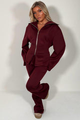womens burgundy lounge set with tie back cinched waist styledup uk