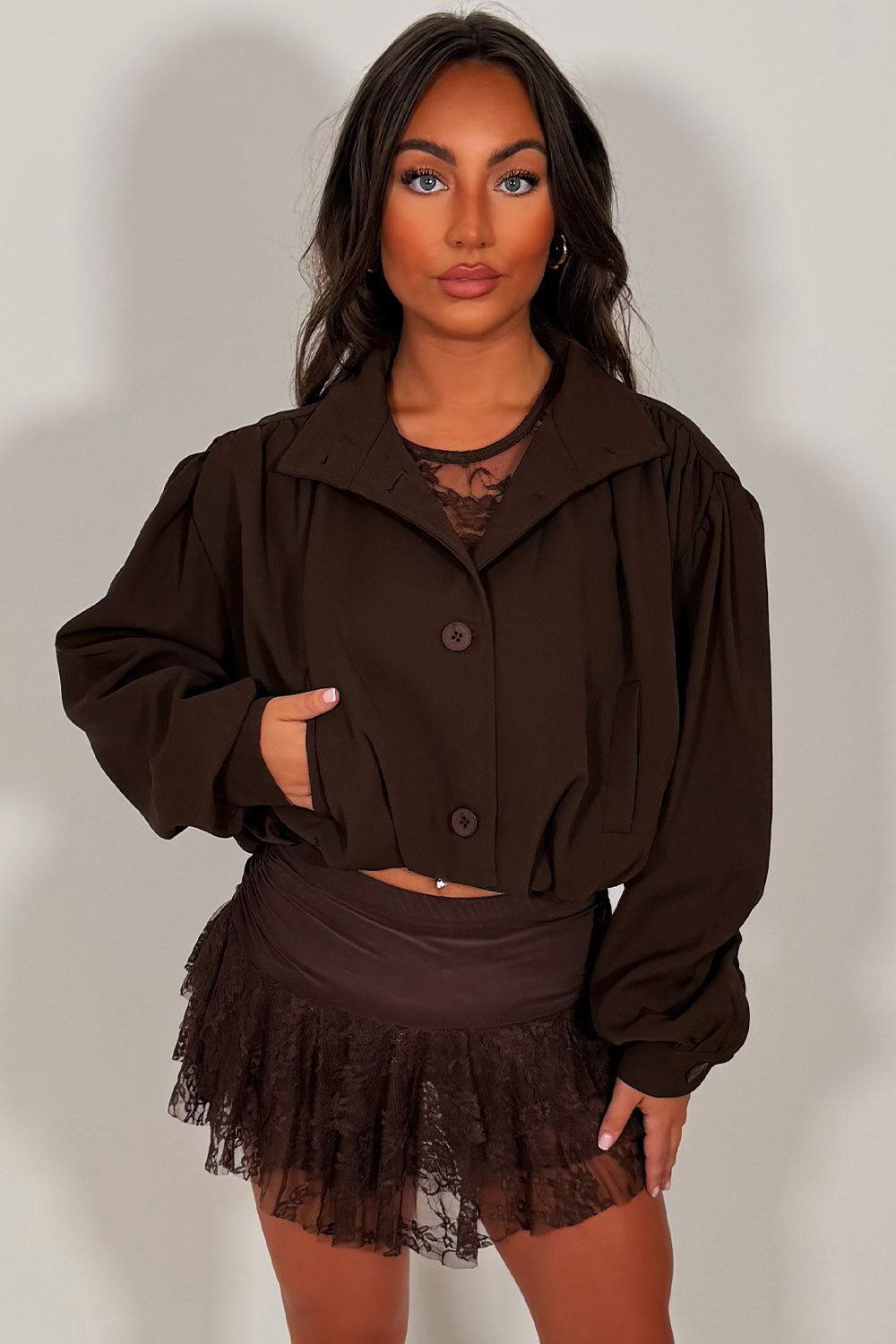 zara womens funnel neck brown bomber jacket styledup uk
