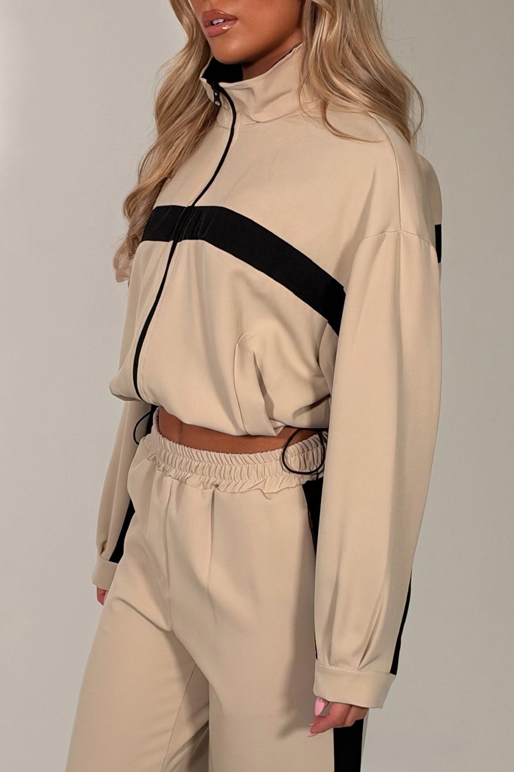 womens beige color block zip up funnel neck jacket and trousers loungewear two piece co ord tracksuit styledup uk