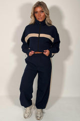 womens contrast panel color block zip up funnel neck jacket and trousers two piece co ord navy tracksuit styledup uk
